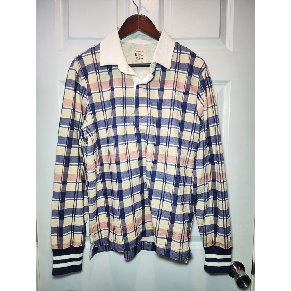 Champion Todd Snyder Mens Plaid Rugby Shirt Medium Blue Pink Made in Canada
